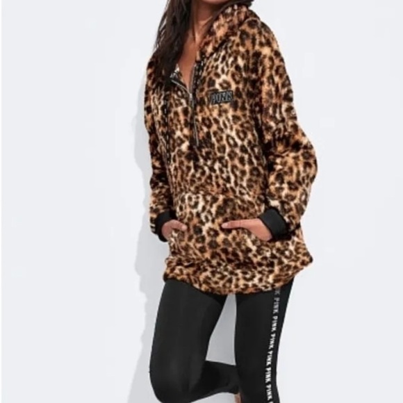 PINK Victoria's Secret Jackets & Blazers - Pink Victoria’s Secret Sherpa Hoodie Pullover 1/4 Zip Animal Print Size S